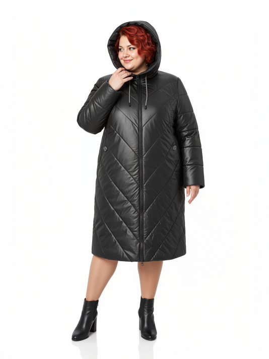 Фото модели 98343 — черный Пальто больших размеров с капюшоном 158, цвет черный в интернет-магазине Фабрики Тревери
