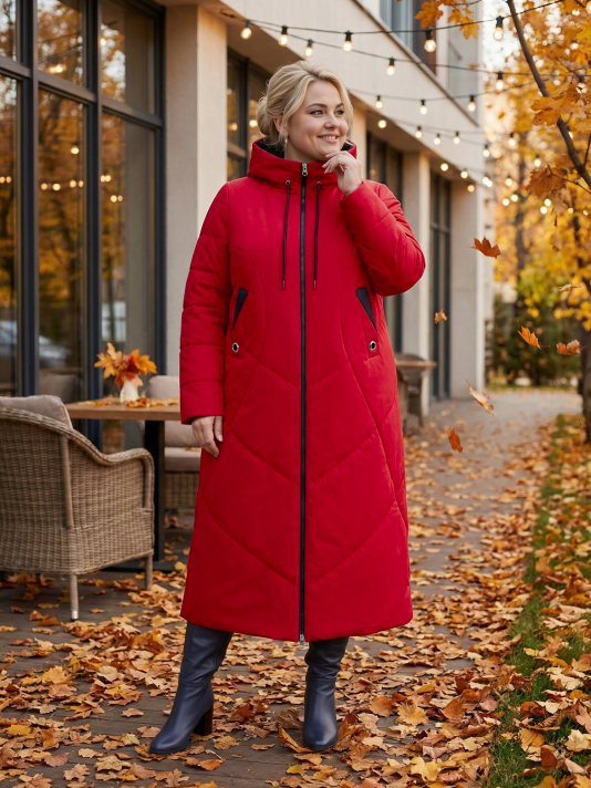 Пальто больших размеров с капюшоном, цвет красный в интернет-магазине Фабрики Тревери