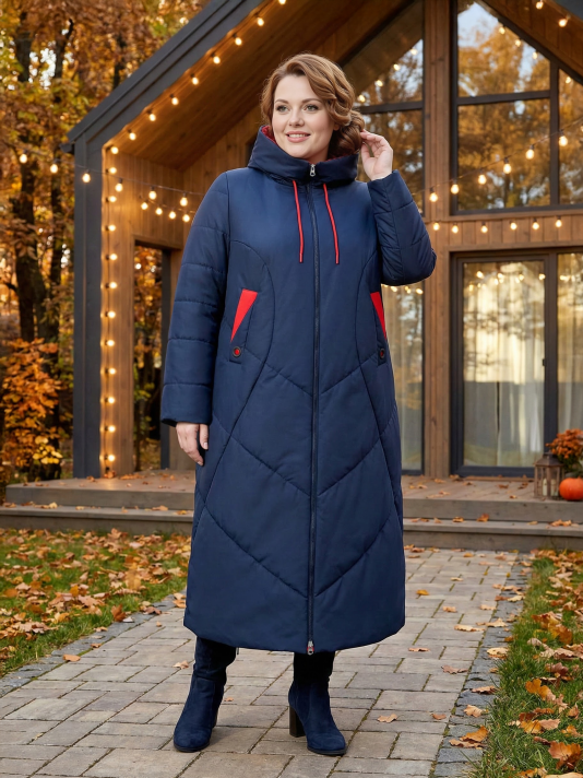 Фото модели 85973-5 — синий с красным Пальто больших размеров с капюшоном, цвет синий в интернет-магазине Фабрики Тревери