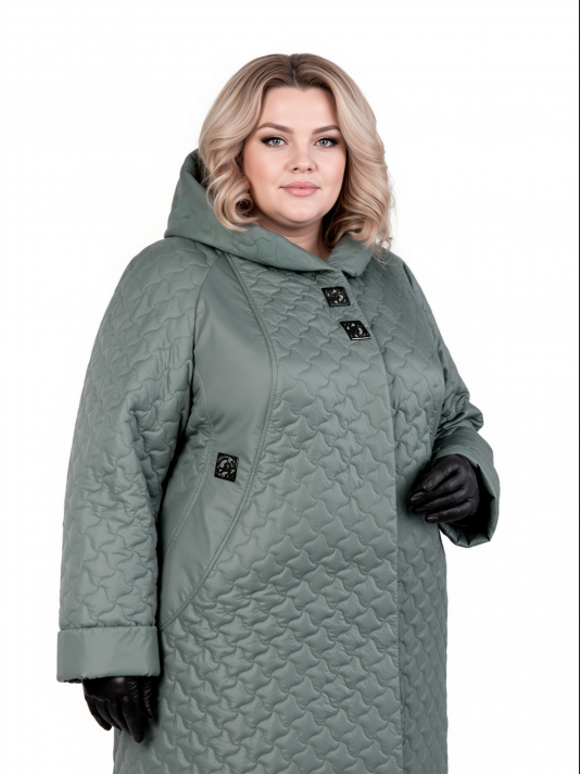 Пальто больших размеров с капюшоном, цвет зеленый в интернет-магазине Фабрики Тревери