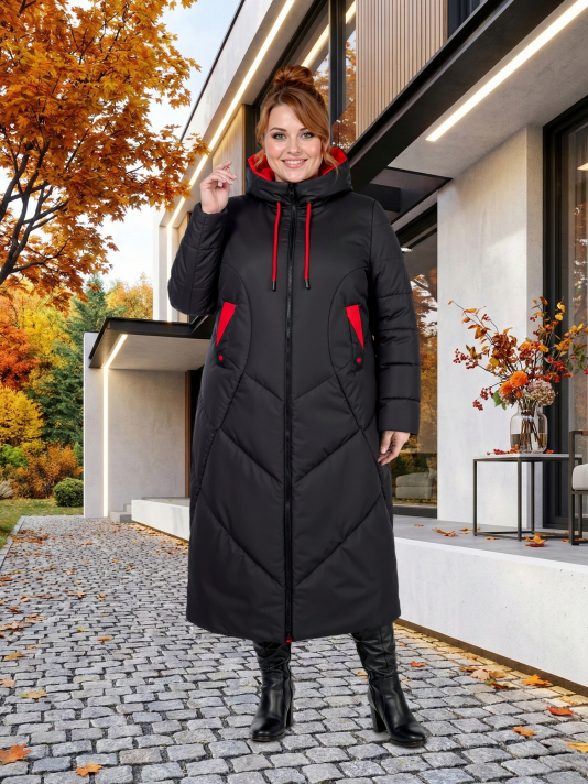 Фото модели 85973-2 — черный с красным Пальто больших размеров с капюшоном, цвет черный в интернет-магазине Фабрики Тревери