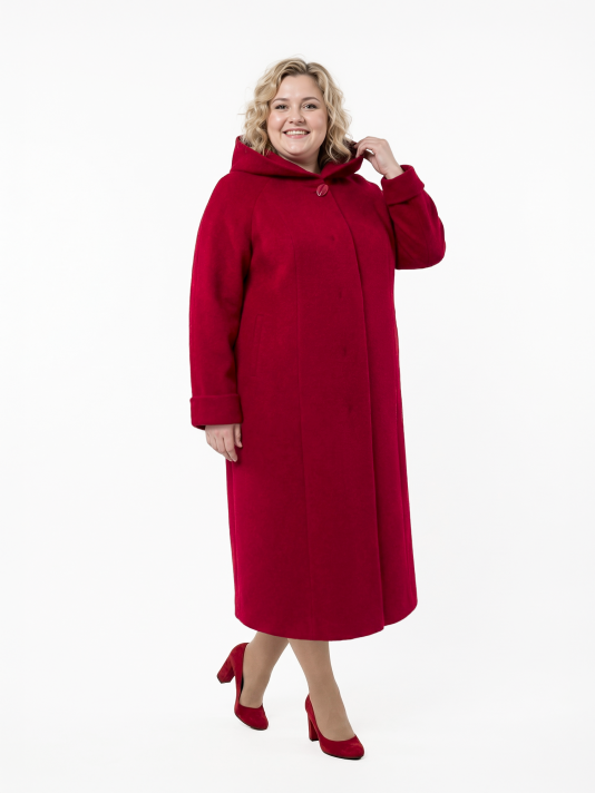 Пальто больших размеров с капюшоном, цвет бордовый в интернет-магазине Фабрики Тревери