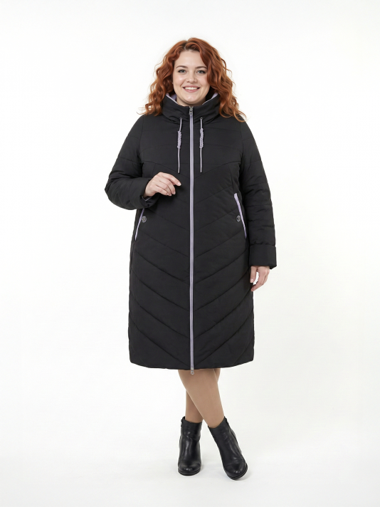 Фото модели 97913 — черный / БАЗА Пальто больших размеров с капюшоном, цвет черный в интернет-магазине Фабрики Тревери