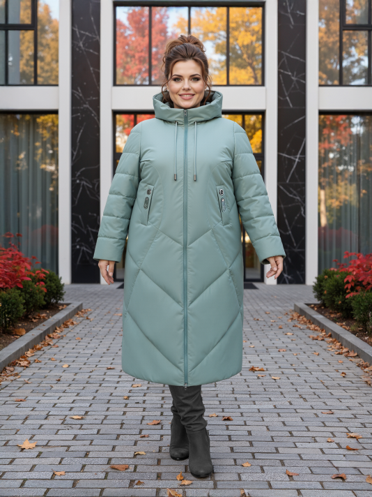 Пальто больших размеров с капюшоном, цвет зеленый в интернет-магазине Фабрики Тревери