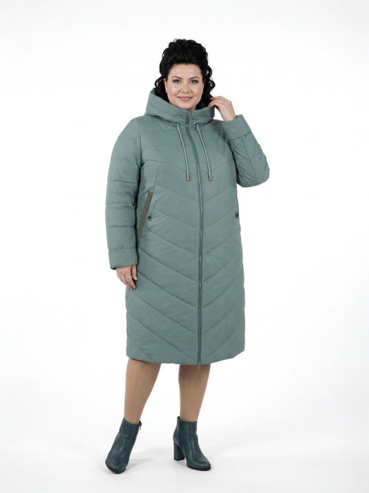 Женское пальто из двух видов стежки с цветной отделкой, цвет зеленый в интернет-магазине Фабрики Тревери