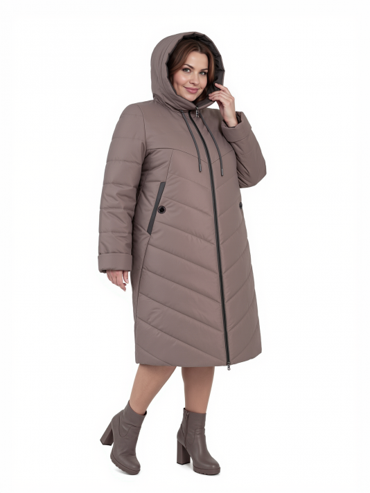 Фото модели 97903 — капучино с серым Пальто больших размеров с капюшоном, цвет коричневый в интернет-магазине Фабрики Тревери