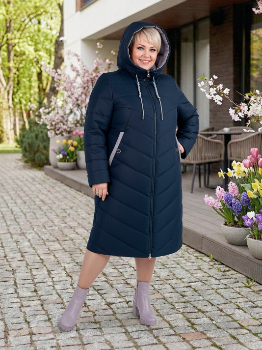 Фото модели 97903 — синий с серым Пальто больших размеров с капюшоном, цвет синий в интернет-магазине Фабрики Тревери