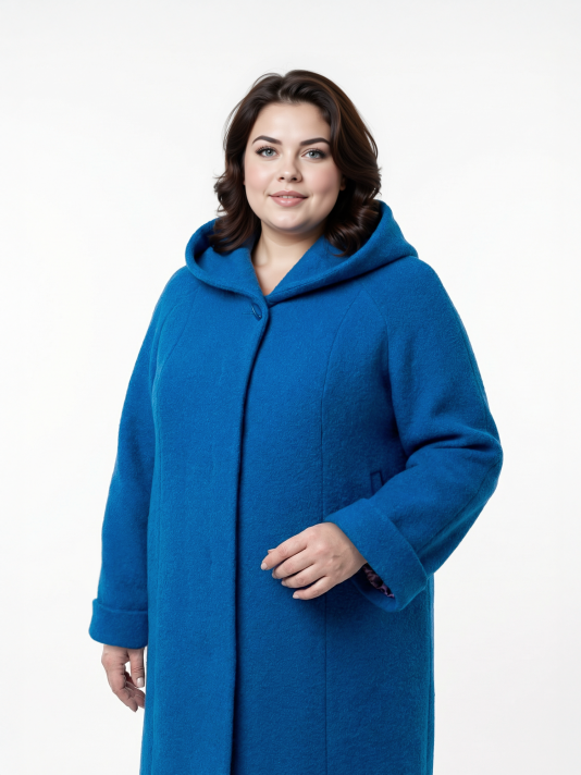 Пальто больших размеров с капюшоном, цвет голубой в интернет-магазине Фабрики Тревери
