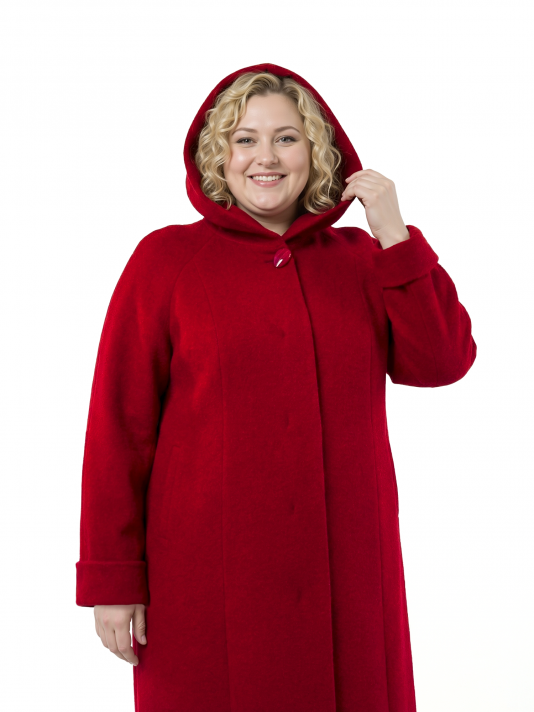 Фото модели 64305-3 — бордо Пальто больших размеров с капюшоном, цвет бордовый в интернет-магазине Фабрики Тревери