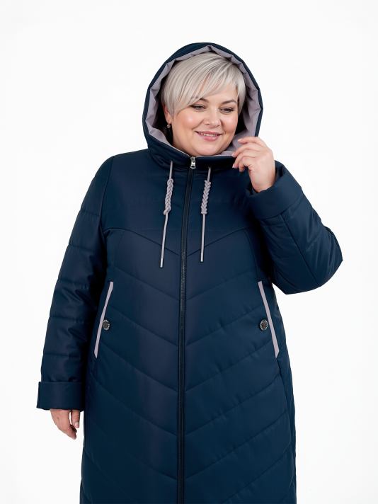 Пальто больших размеров с капюшоном, цвет синий в интернет-магазине Фабрики Тревери