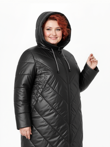 Женское пальто из комбинированной стеганой ткани, цвет черный в интернет-магазине Фабрики Тревери