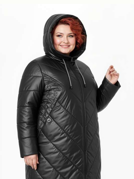 Пальто больших размеров с капюшоном, цвет черный в интернет-магазине Фабрики Тревери