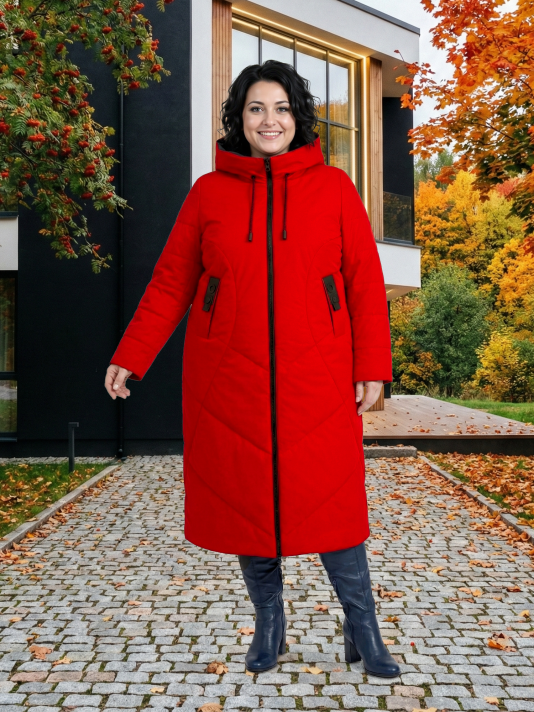 Фото модели 96363 — красный / БАЗА Пальто больших размеров с капюшоном, цвет красный в интернет-магазине Фабрики Тревери