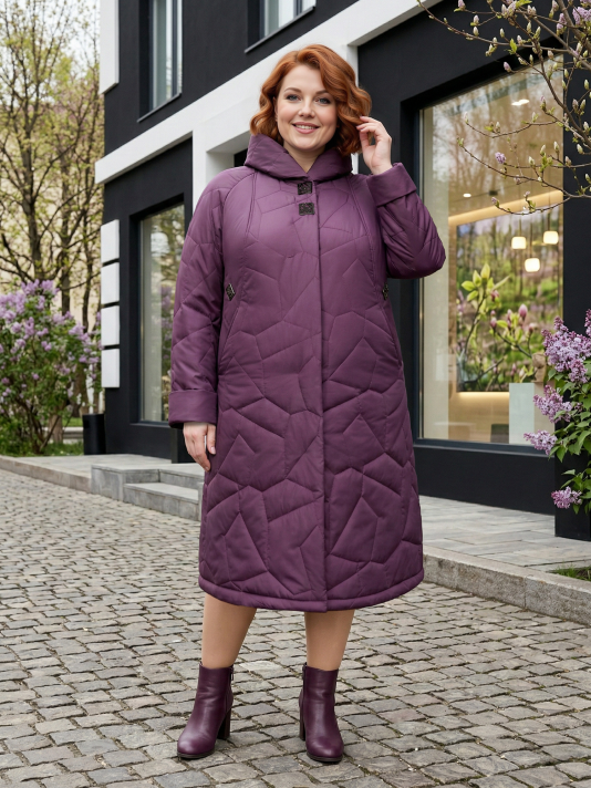 Фото модели 97713 — фиолетовый / БАЗА Пальто больших размеров с капюшоном 158, цвет фиолетовый в интернет-магазине Фабрики Тревери