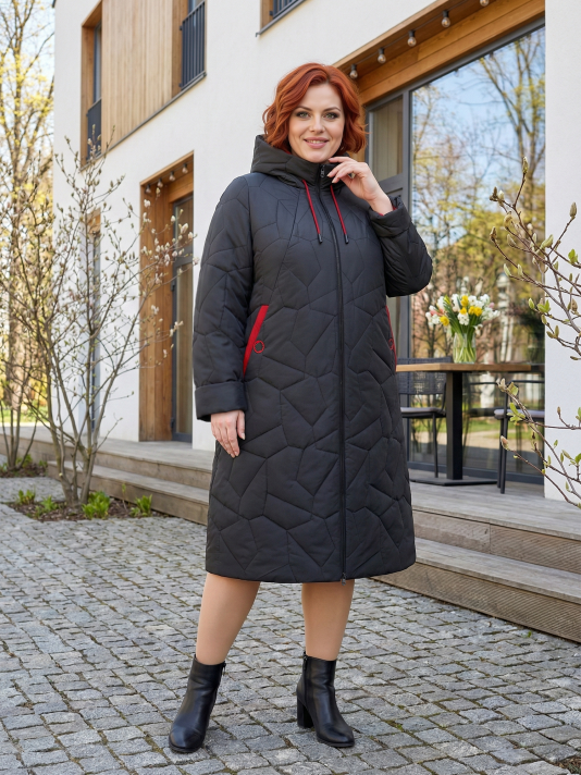 Пальто больших размеров с капюшоном, цвет черный в интернет-магазине Фабрики Тревери