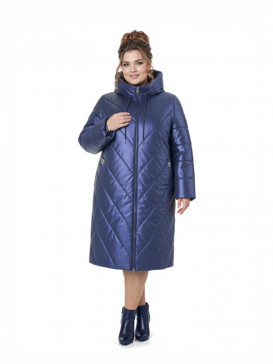Пальто больших размеров с капюшоном, цвет синий в интернет-магазине Фабрики Тревери