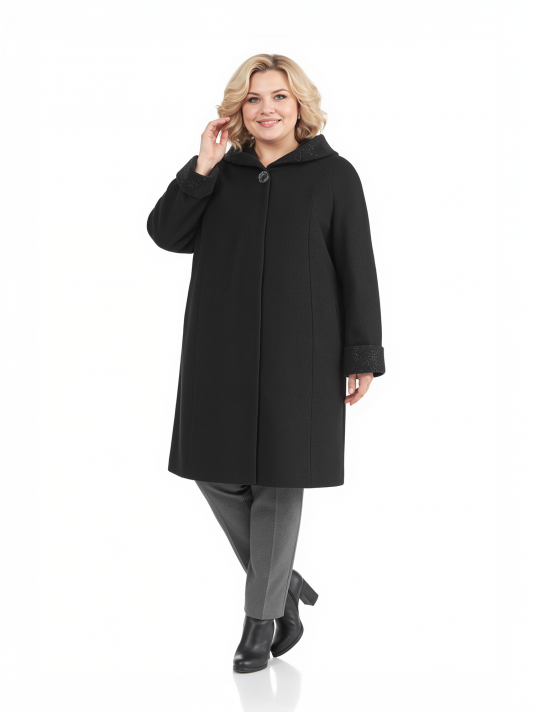 Фото модели 98405 — черный / БАЗА Пальто больших размеров с капюшоном 158, цвет черный в интернет-магазине Фабрики Тревери
