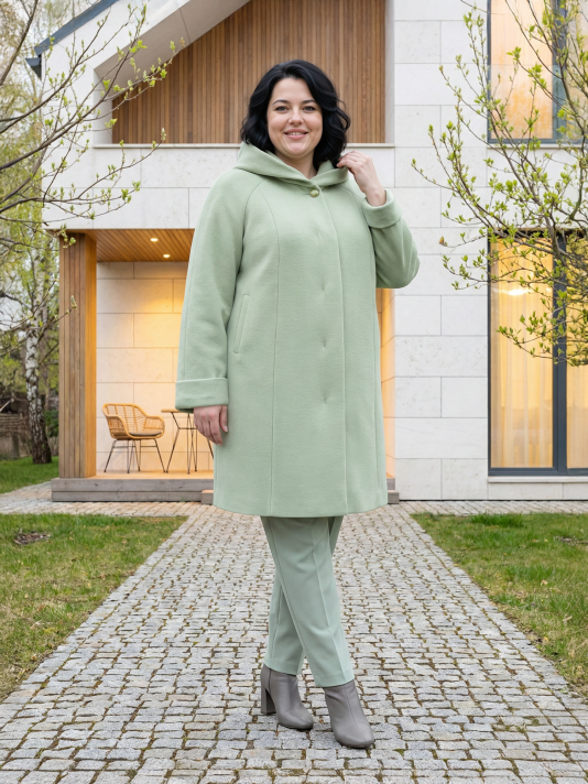 Пальто больших размеров с капюшоном 158, цвет зеленый в интернет-магазине Фабрики Тревери