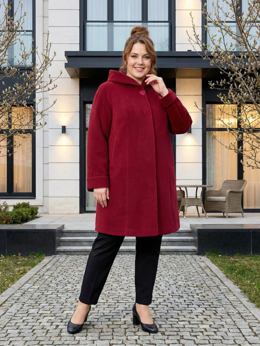 Пальто больших размеров с капюшоном 158, цвет бордовый в интернет-магазине Фабрики Тревери