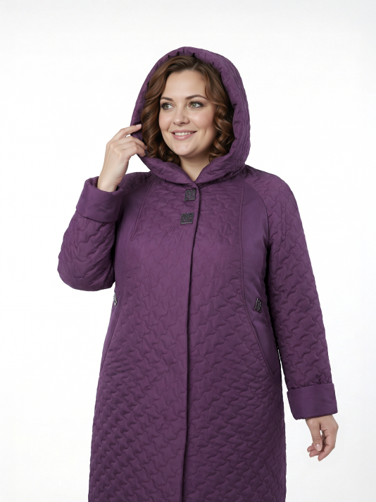 Пальто больших размеров с капюшоном, цвет фиолетовый в интернет-магазине Фабрики Тревери