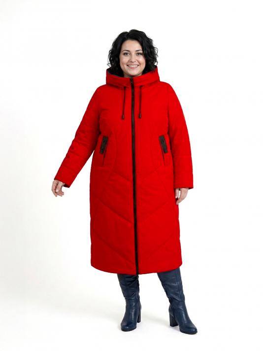 Пальто больших размеров с капюшоном, цвет красный в интернет-магазине Фабрики Тревери