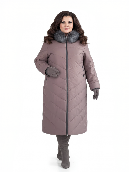 Фото модели 92253 — капучино с серым Пуховик больших размеров с капюшоном, цвет коричневый в интернет-магазине Фабрики Тревери