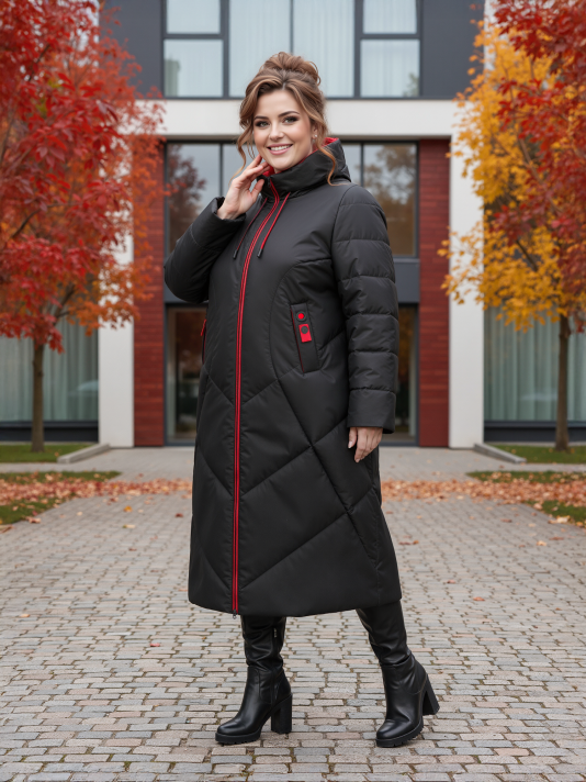 Пальто больших размеров с капюшоном, цвет черный в интернет-магазине Фабрики Тревери