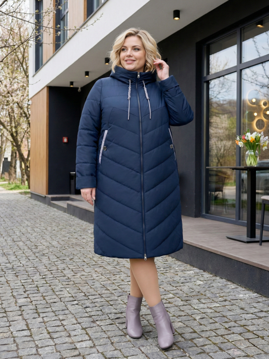 Пальто больших размеров с капюшоном 158, цвет синий в интернет-магазине Фабрики Тревери