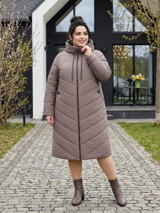 Пальто больших размеров с капюшоном 158, цвет коричневый в интернет-магазине Фабрики Тревери