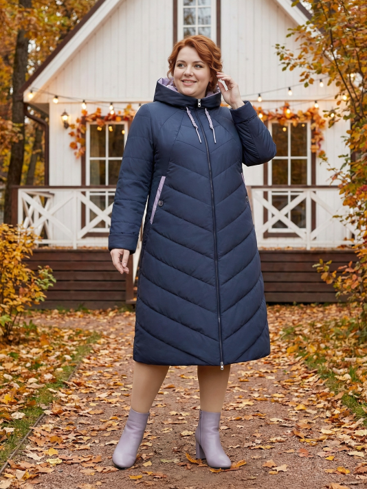 Пальто больших размеров с капюшоном, цвет синий в интернет-магазине Фабрики Тревери
