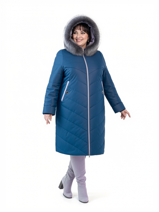 Пуховик больших размеров с капюшоном, цвет голубой в интернет-магазине Фабрики Тревери