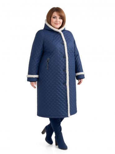 Женское зимнее стеганное пальто с эко-мехом барашка, цвет синий в интернет-магазине Фабрики Тревери