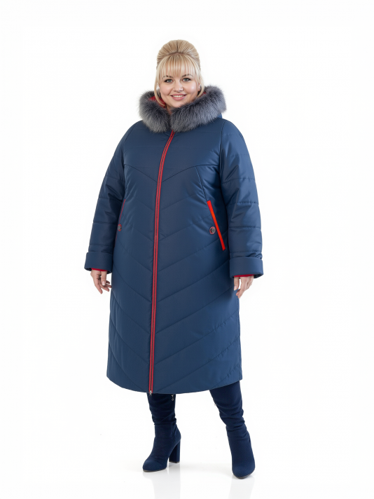 Пуховик больших размеров с капюшоном, цвет синий в интернет-магазине Фабрики Тревери