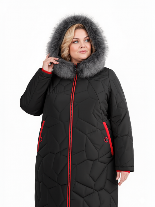 Пуховик больших размеров с капюшоном, цвет черный в интернет-магазине Фабрики Тревери