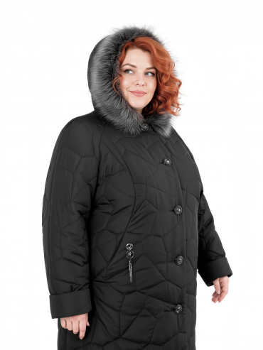 Женское зимнее пальто с дизайнерской подвеской и эко-мехом чернобурки, цвет черный в интернет-магазине Фабрики Тревери