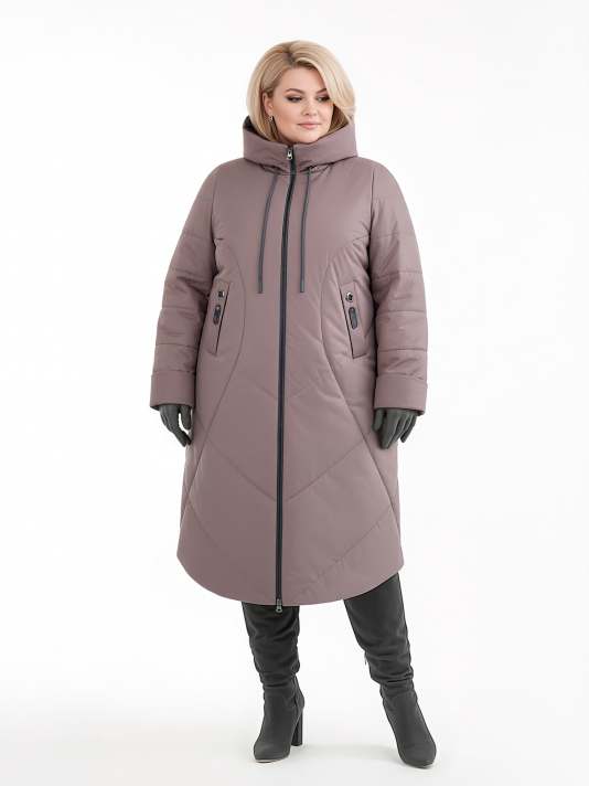 Фото модели 99203 — капучино с серым / БАЗА Пальто больших размеров с капюшоном, цвет коричневый в интернет-магазине Фабрики Тревери