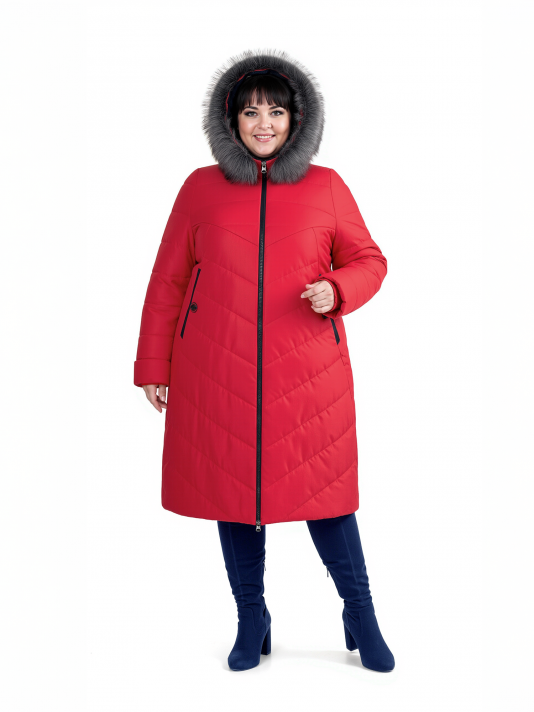 Фото модели 97403 — красный с синим Пуховик больших размеров с капюшоном, цвет красный в интернет-магазине Фабрики Тревери