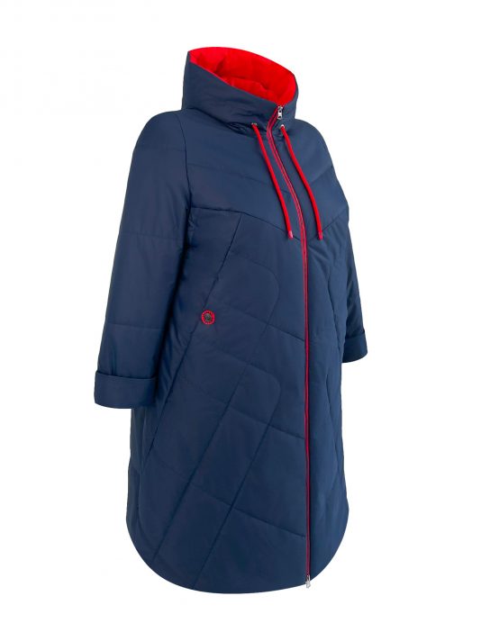 Фото модели 98903p — синий с красным Молодежное стеганное пальто с отделкой, цвет синий в интернет-магазине Фабрики Тревери