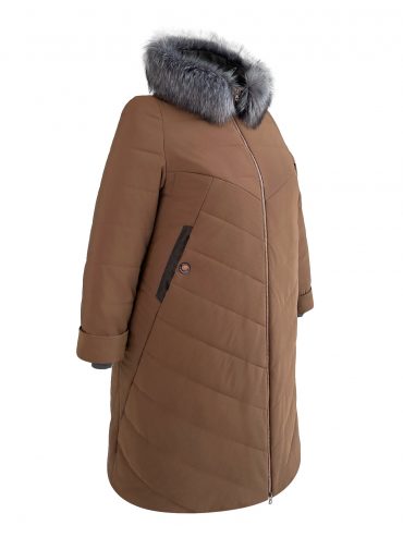 Молодежное зимнее комбинированное стеганное пальто с нашивкой и эко-мехом, цвет коричневый в интернет-магазине Фабрики Тревери