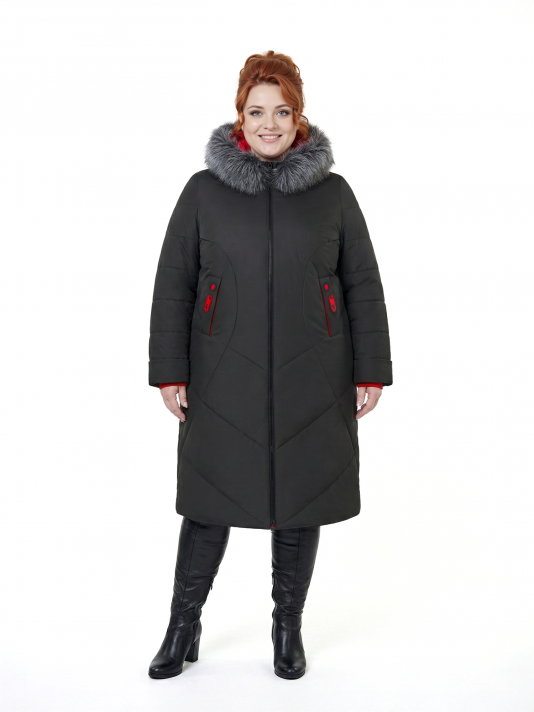 Фото модели 99403 — черный с красным / БАЗА Пуховик больших размеров с капюшоном, цвет черный в интернет-магазине Фабрики Тревери