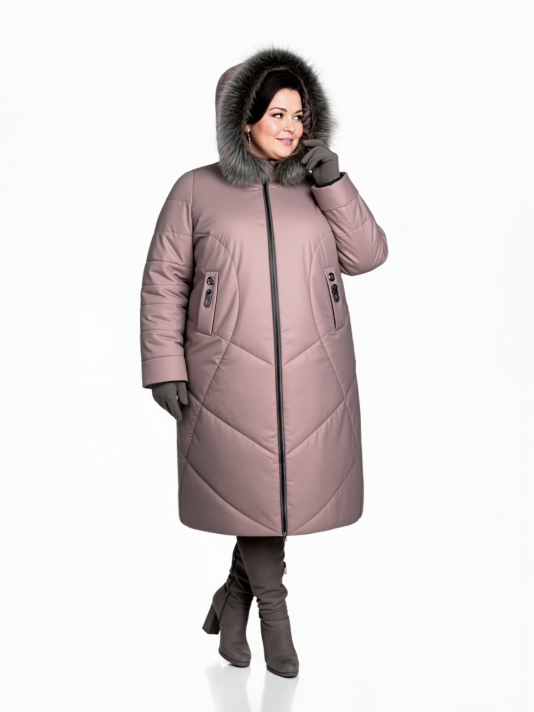 Пуховик больших размеров с капюшоном, цвет коричневый в интернет-магазине Фабрики Тревери