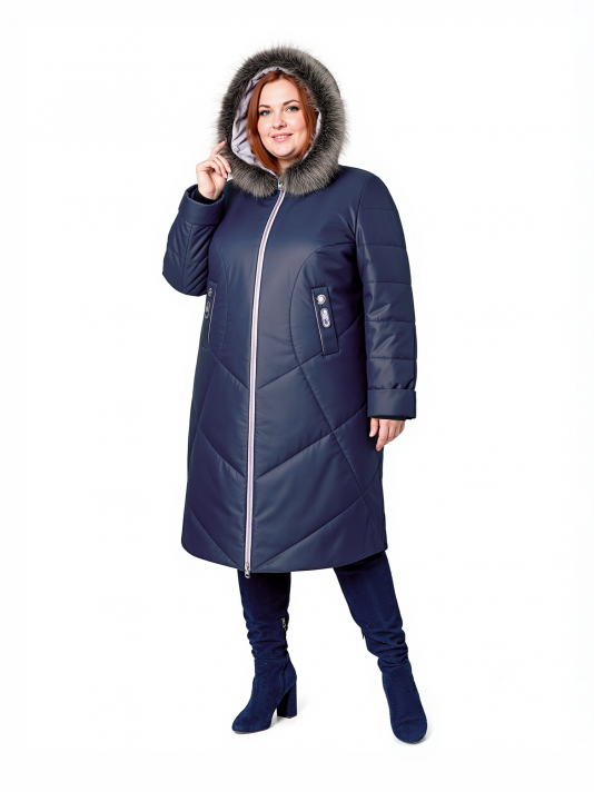 Пуховик больших размеров с капюшоном, цвет синий в интернет-магазине Фабрики Тревери