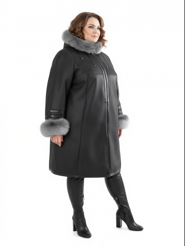 Дубленка больших размеров с капюшоном, цвет черный в интернет-магазине Фабрики Тревери