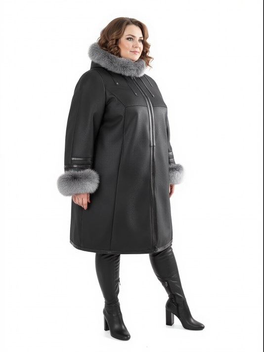 Дубленка больших размеров с капюшоном, цвет черный в интернет-магазине Фабрики Тревери