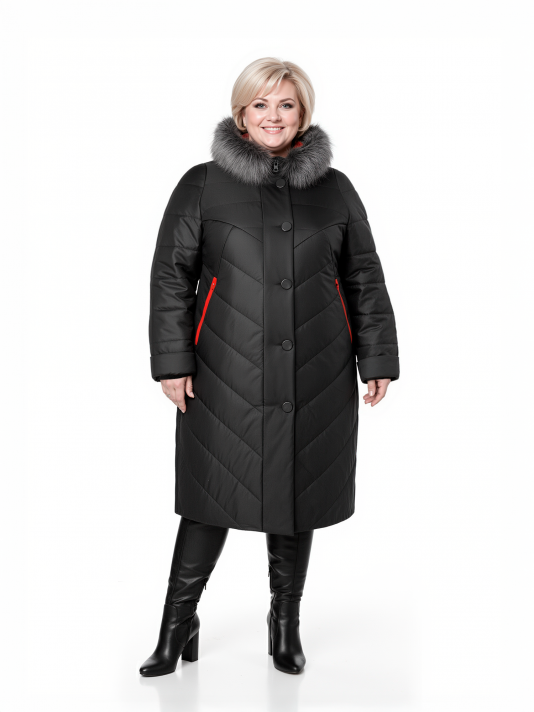 Фото модели 94933 — черный / БАЗА Пуховик больших размеров с капюшоном, цвет черный в интернет-магазине Фабрики Тревери