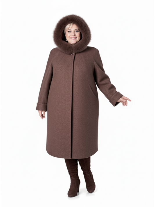 Фото модели 95565-1 — какао Пальто зимнее больших размеров, цвет коричневый в интернет-магазине Фабрики Тревери