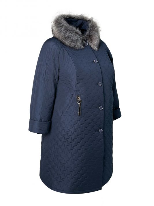 Фото модели 92633-6 — синий Женское зимнее пальто с дизайнерской подвеской и эко-мехом чернобурки, цвет синий в интернет-магазине Фабрики Тревери