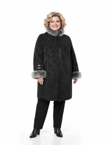 Дубленка больших размеров с капюшоном, цвет черный в интернет-магазине Фабрики Тревери