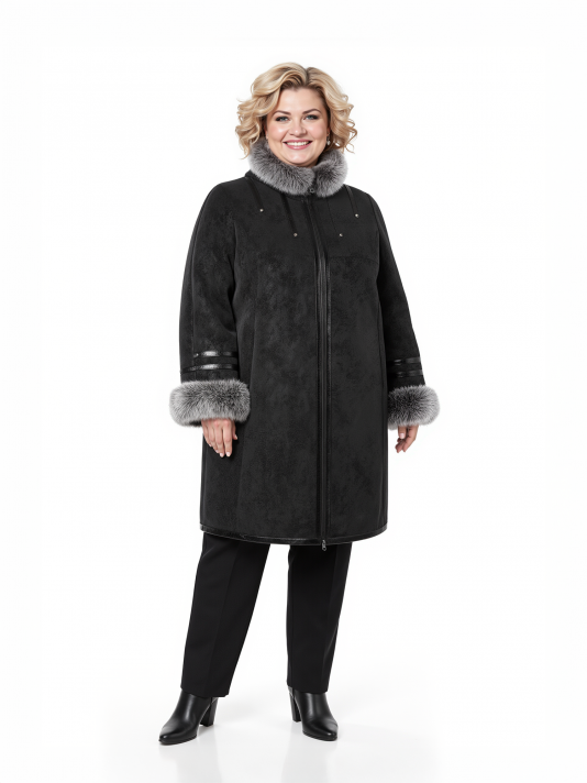 Дубленка больших размеров с капюшоном, цвет черный в интернет-магазине Фабрики Тревери