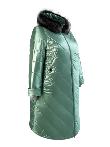 Молодежное комбинированное стеганное пальто с нашивкой и эко-мехом, цвет зеленый в интернет-магазине Фабрики Тревери
